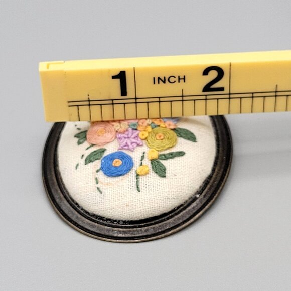 Embroidered Flower Floral Oval Brooch Dark Silver Tone Metal Handmade Vintage - Picture 6 of 6